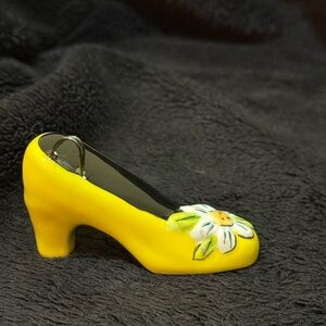 Floral yellow miniature porcelain high heel shoe.